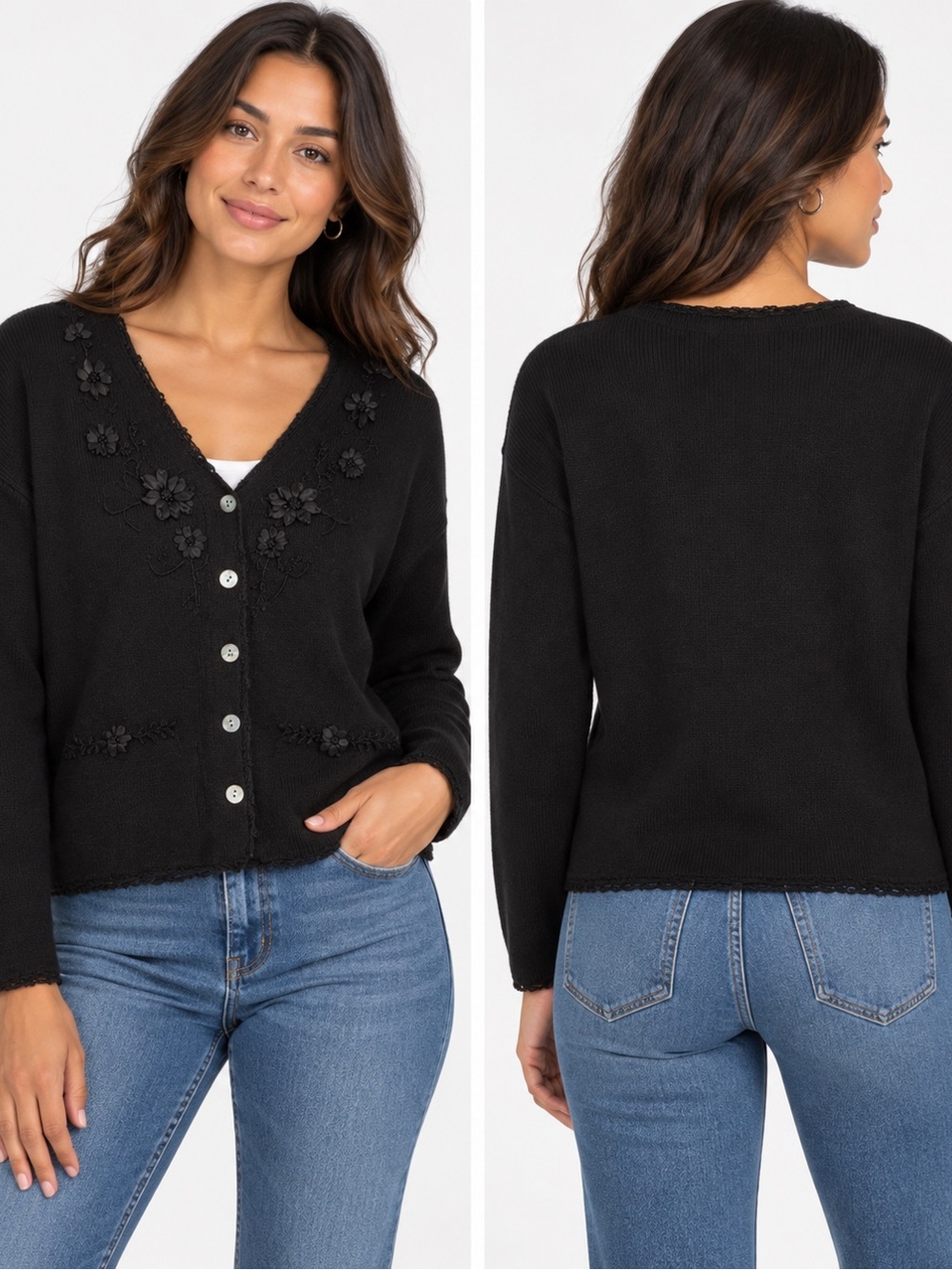Eagles eyes cotton ramie blend vintage Chic Black Floral Cardigan Sweater L‎